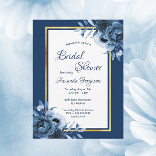 Navy blue florals gold bridal shower invitation postcard