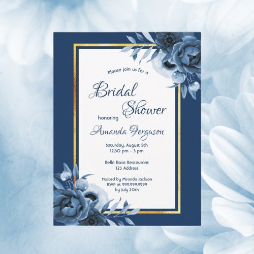 Navy blue florals gold bridal shower invitation postcard