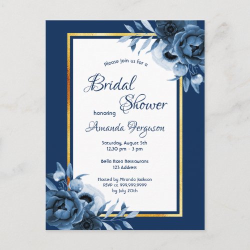 Navy blue florals gold bridal shower invitation postcard