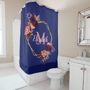 Navy blue florals gold geometric monogram name shower curtain
