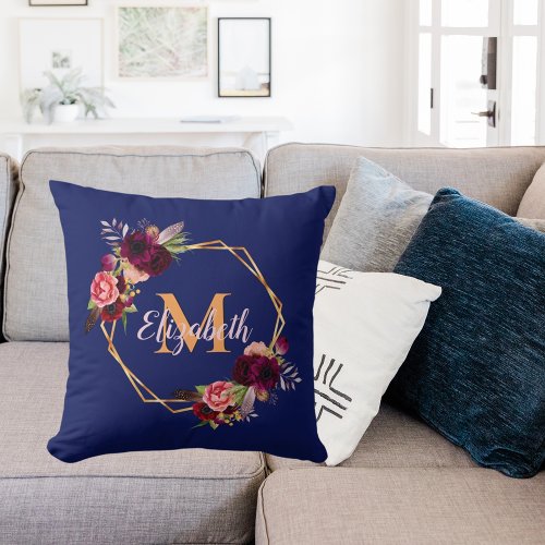 Navy blue florals gold geometric monogram name throw pillow