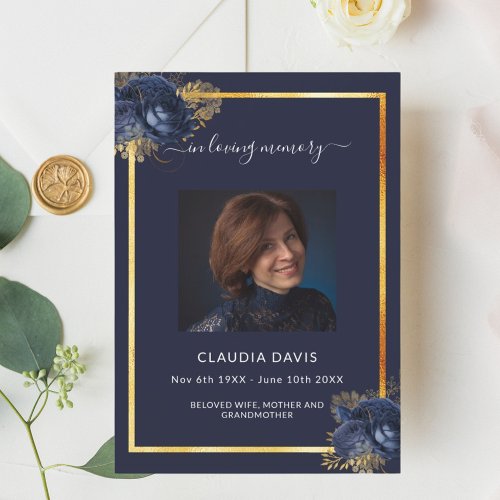 Navy blue florals gold photo funeral program