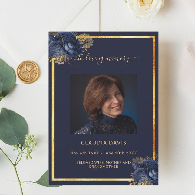 Navy blue florals gold photo funeral program (Creator Uploaded)