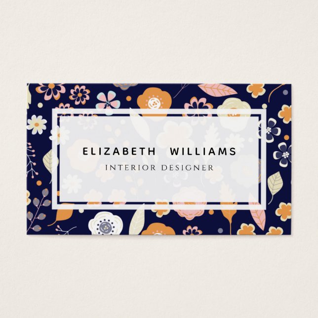 Navy Blue Florals Interior Designer Business Cards (Front)