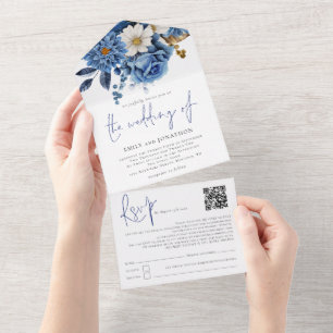 Navy Blue Florals QR Code Script Wedding All In One Invitation