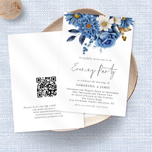 Navy Blue Florals Qr Code Wedding Evening Party  I Invitation