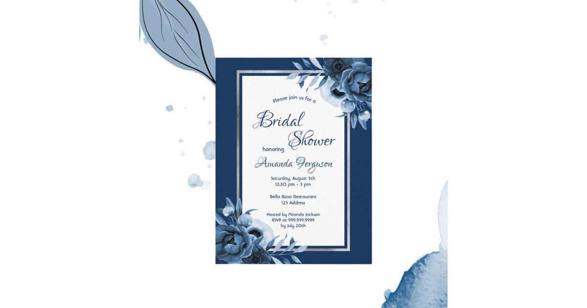 Navy blue florals silver bridal shower invitation postcard | Zazzle
