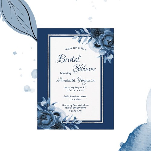 Navy blue florals silver bridal shower invitation postcard