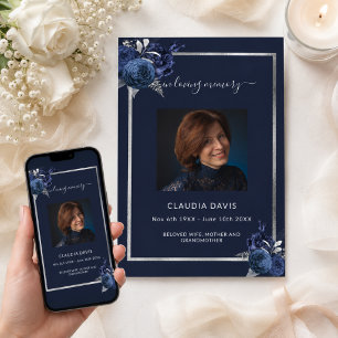 Navy blue florals silver photo funeral program
