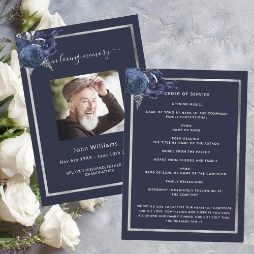Navy blue florals silver photo funeral program
