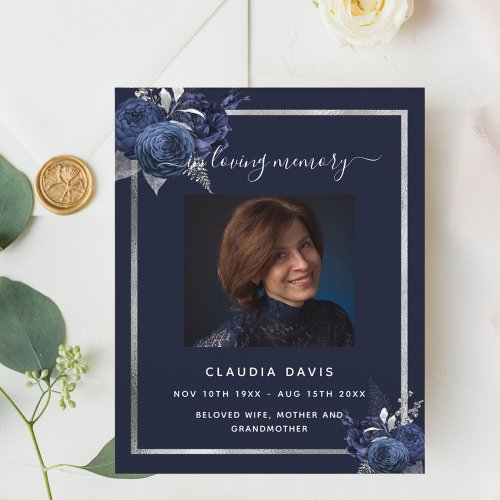 Navy blue florals silver photo funeral program