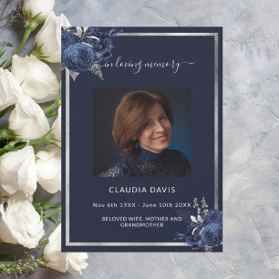 Navy blue florals silver photo funeral program