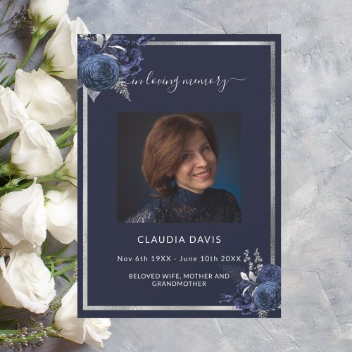 Navy blue florals silver photo funeral program