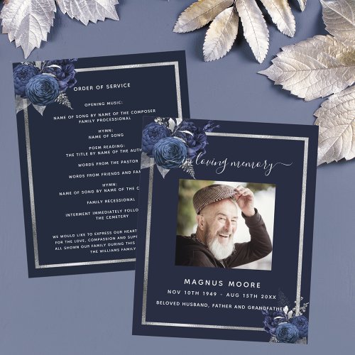 Navy blue florals silver photo funeral program