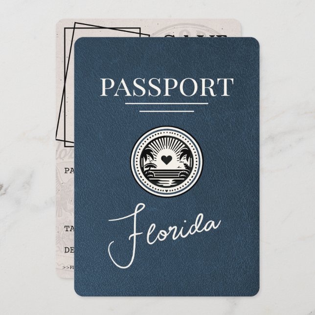 Navy Blue Florida Passport Save The Date (Front/Back)