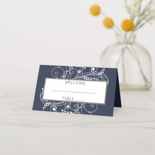 Navy Blue Flourish Reception Place Card