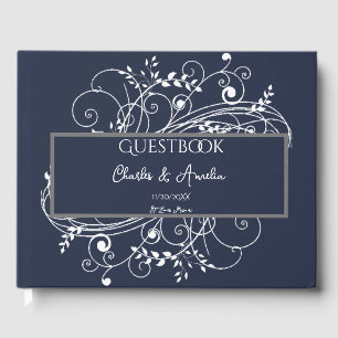 Navy Blue Flourish Wedding Guest Book