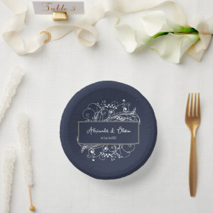 Navy Blue Flourish Wedding Shower Paper Bowls