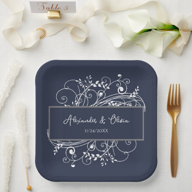 Navy Blue Flourish Wedding Shower Paper Plates (Wedding)