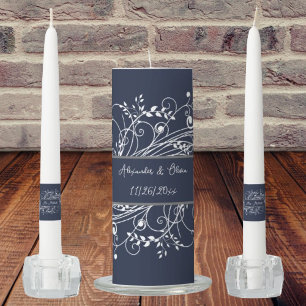 Navy Blue Flourish Wedding Unity Candle Set
