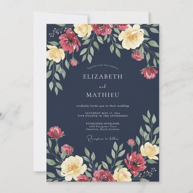 Navy Blue Flourishing Floral Wedding Invitation (Front)