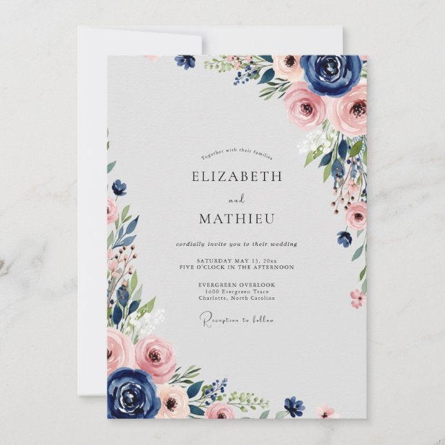Navy Blue Flourishing Spring Wedding Invitation (Front)