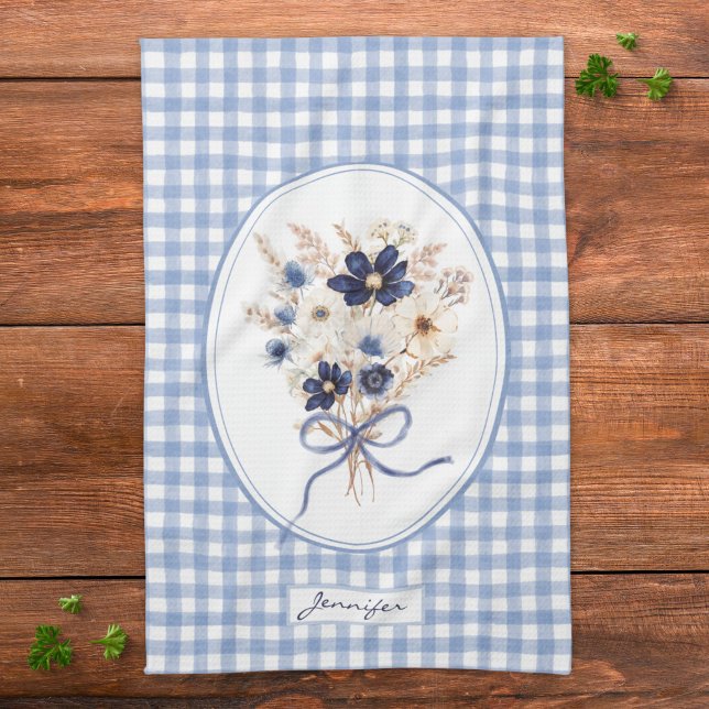 Navy Blue Flower Bouquet Gingham Personalized Kitchen Towel (Creator Uploaded)