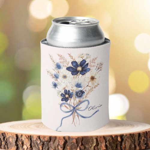 Navy Blue Flower Bouquet Personalized Floral Can Cooler