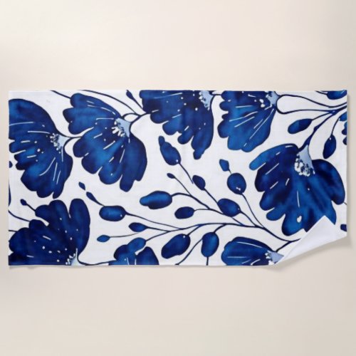 Navy blue flower pattern beach towel