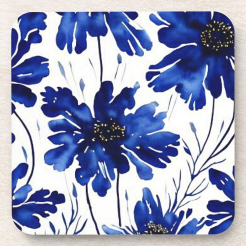 Navy blue flower pattern beverage coaster