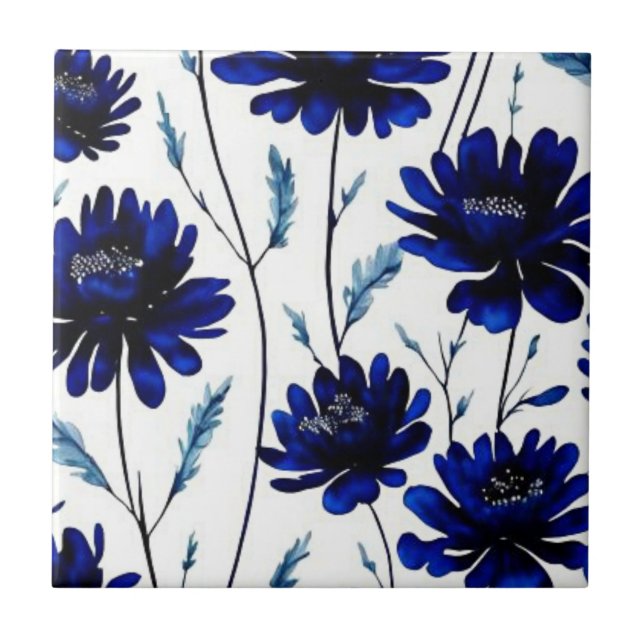 Navy blue flower pattern ceramic tile (Front)
