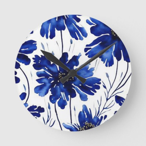 Navy blue flower pattern round clock