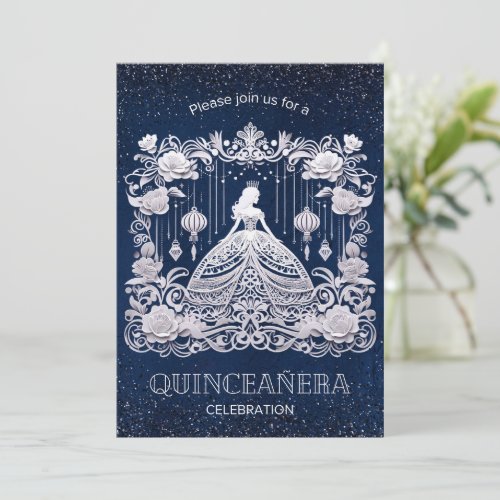 Navy Blue  Flower Princess Dress Quinceanera Invitation