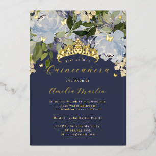 Navy Blue Flower Shine Butterflies Quinceanera   Foil Invitation