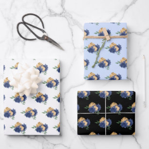 Navy Blue Flowers and Greenery Pattern Wrapping Paper Sheets