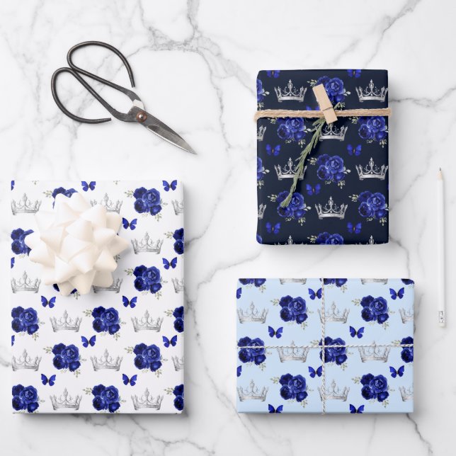 Navy Blue Flowers and Silver Crowns Wrapping Paper Sheets (Front)