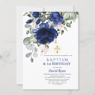 Navy Blue Flowers Baptism 1st Birthday Party Invitation