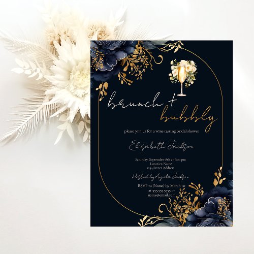  Navy Blue Flowers Brunch  Bubbly Bridal Shower Invitation