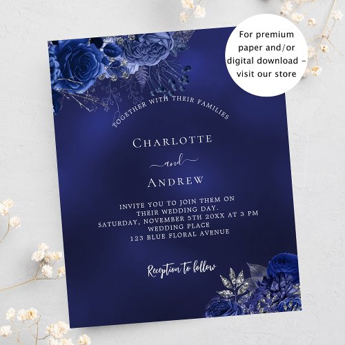 Navy blue flowers budget wedding invitation