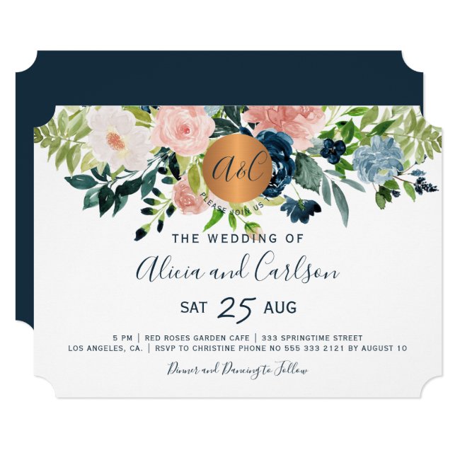 Navy blue flowers chic monogrammed wedding invitation