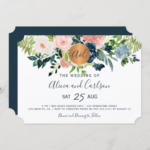 Navy blue flowers chic monogrammed wedding invitation