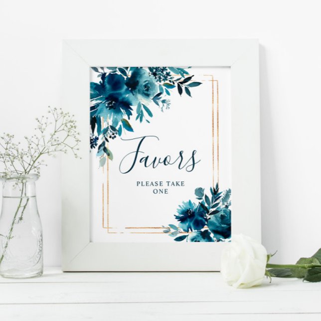 Navy Blue Flowers & Gold Frame Shower Favors Sign (Creator Uploaded)
