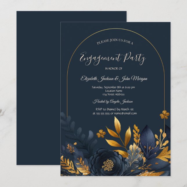 Navy Blue Flowers Gold Leaves Engagement  Invitation (Front/Back)