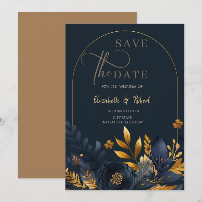 Navy Blue Flowers Gold Leaves Flat Save The Date  (Front/Back)