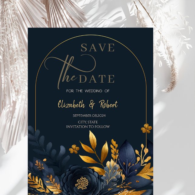 Navy Blue Flowers Gold Leaves Flat Save The Date  (Creator Uploaded)