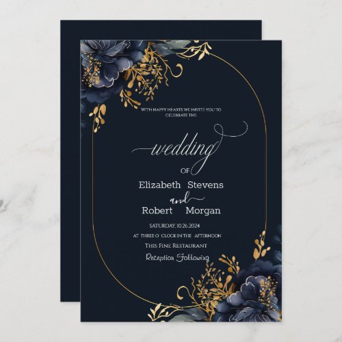 Navy Blue Flowers Gold Leaves Frame Wedding Invitation