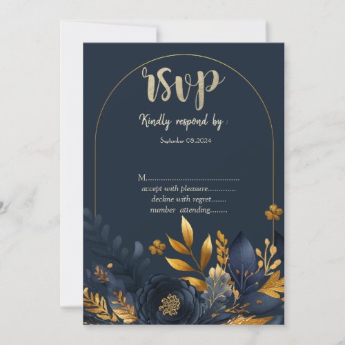 Navy Blue Flowers Gold Leaves  RSVP  Invitation