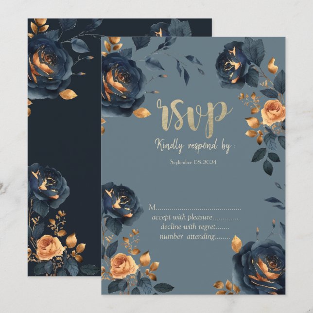 Navy Blue Flowers Gold Leaves  RSVP  Invitation (Front/Back)