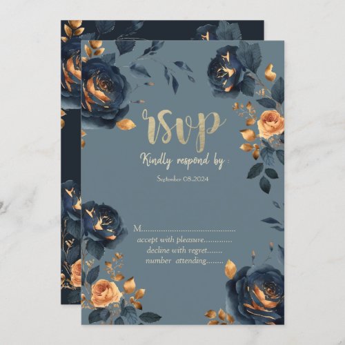 Navy Blue Flowers Gold Leaves  RSVP  Invitation