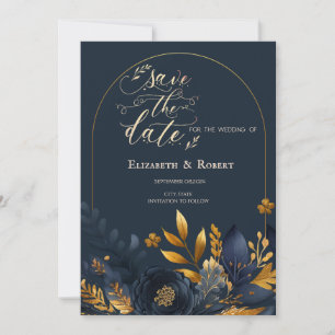 Navy Blue Flowers Gold Leaves Save The Date